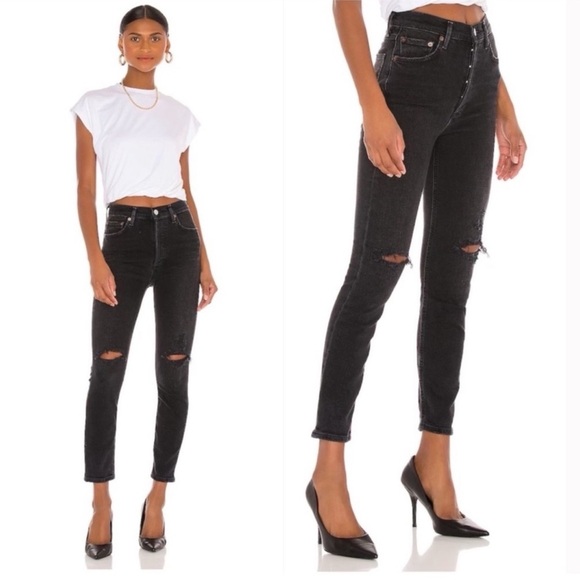 AGOLDE Nico High Rise Slim Fit Jeans in Cassette 25 Black Distressed - Picture 1 of 13
